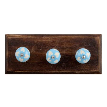 Turquoise Etched Ceramic Wooden Hooks